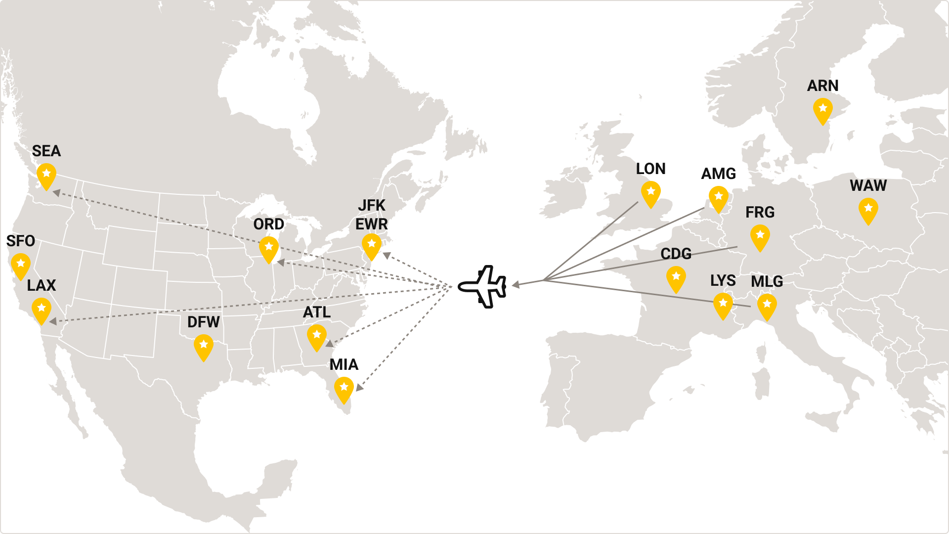 Map showing the different UPS air ports in the US and EU