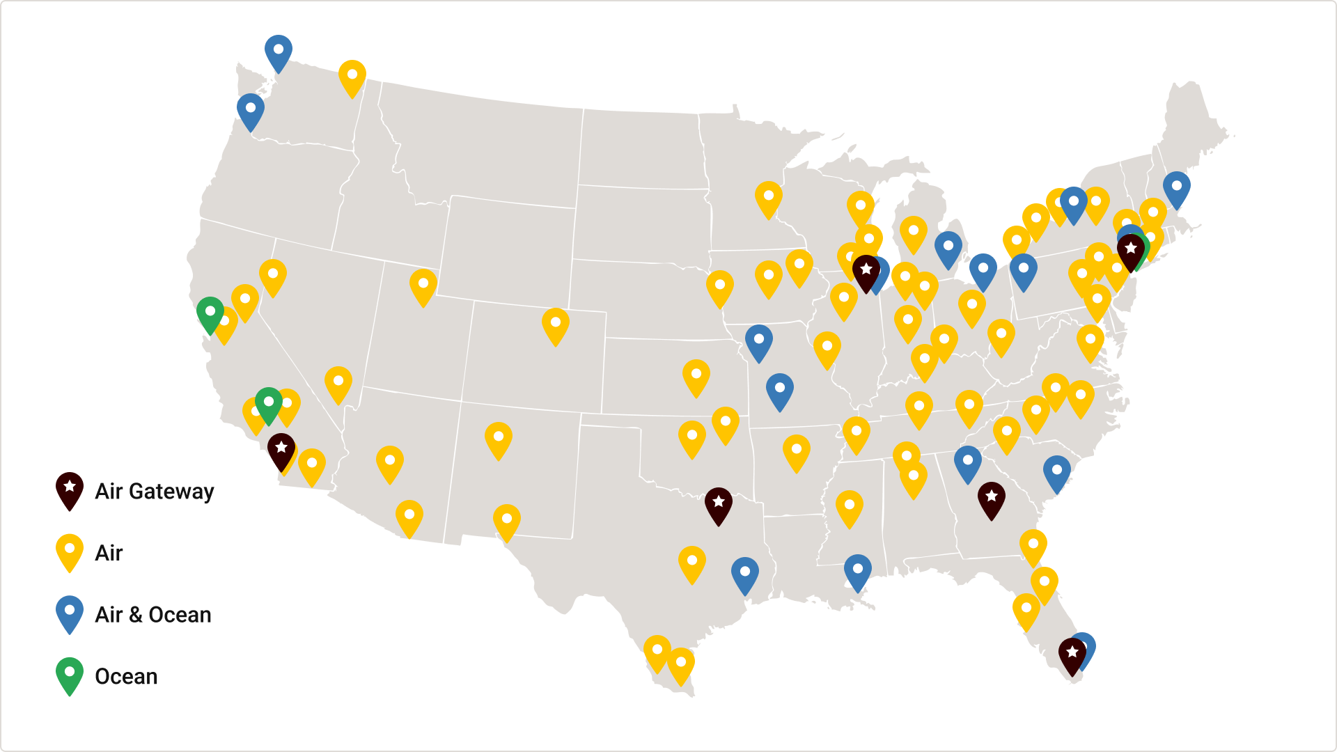 Map showing the different UPS air and ocean ports in the US