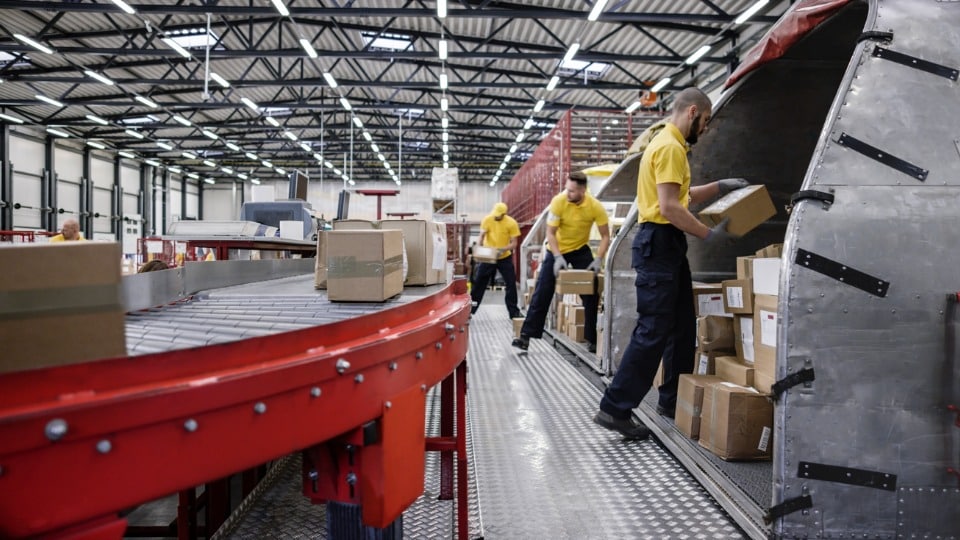 Workers processing boxes on conveyor belt in distribution warehouse