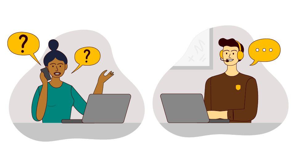 two illustrations of professionals talking on the phone and working on a laptop