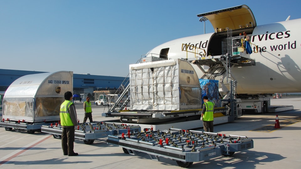 Air freight container preparing to be loaded into an aircraft