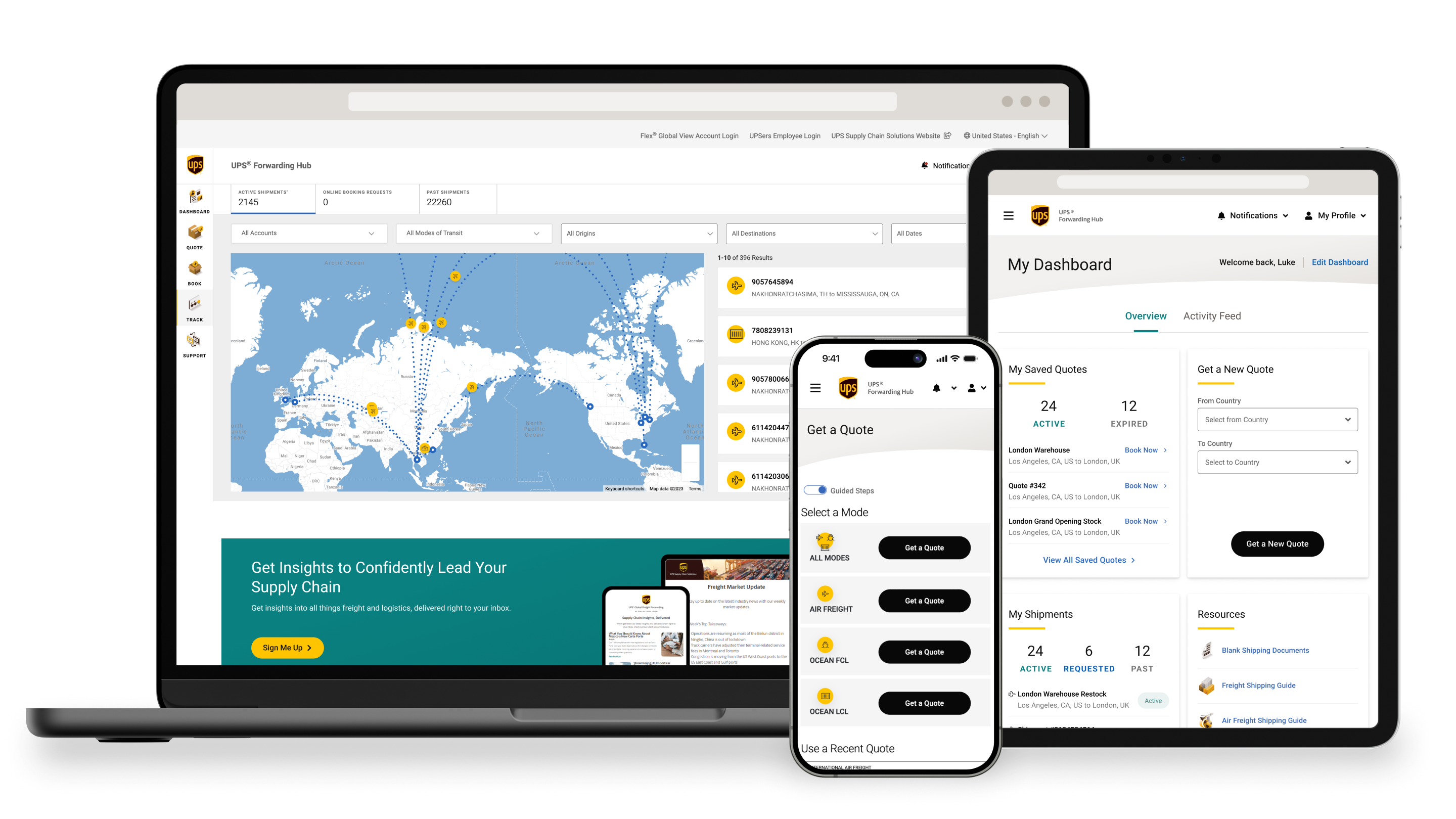 The UPS Forwarding Hub on three devices showcasing My Dashboard, Tracking and Get a Freight Quote