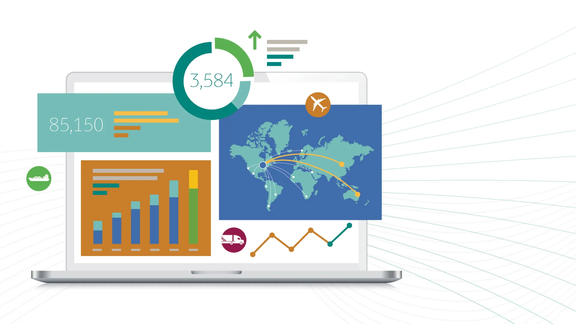 data analysis on a laptop displaying graphics, map of the globe, and modes of freight transportation